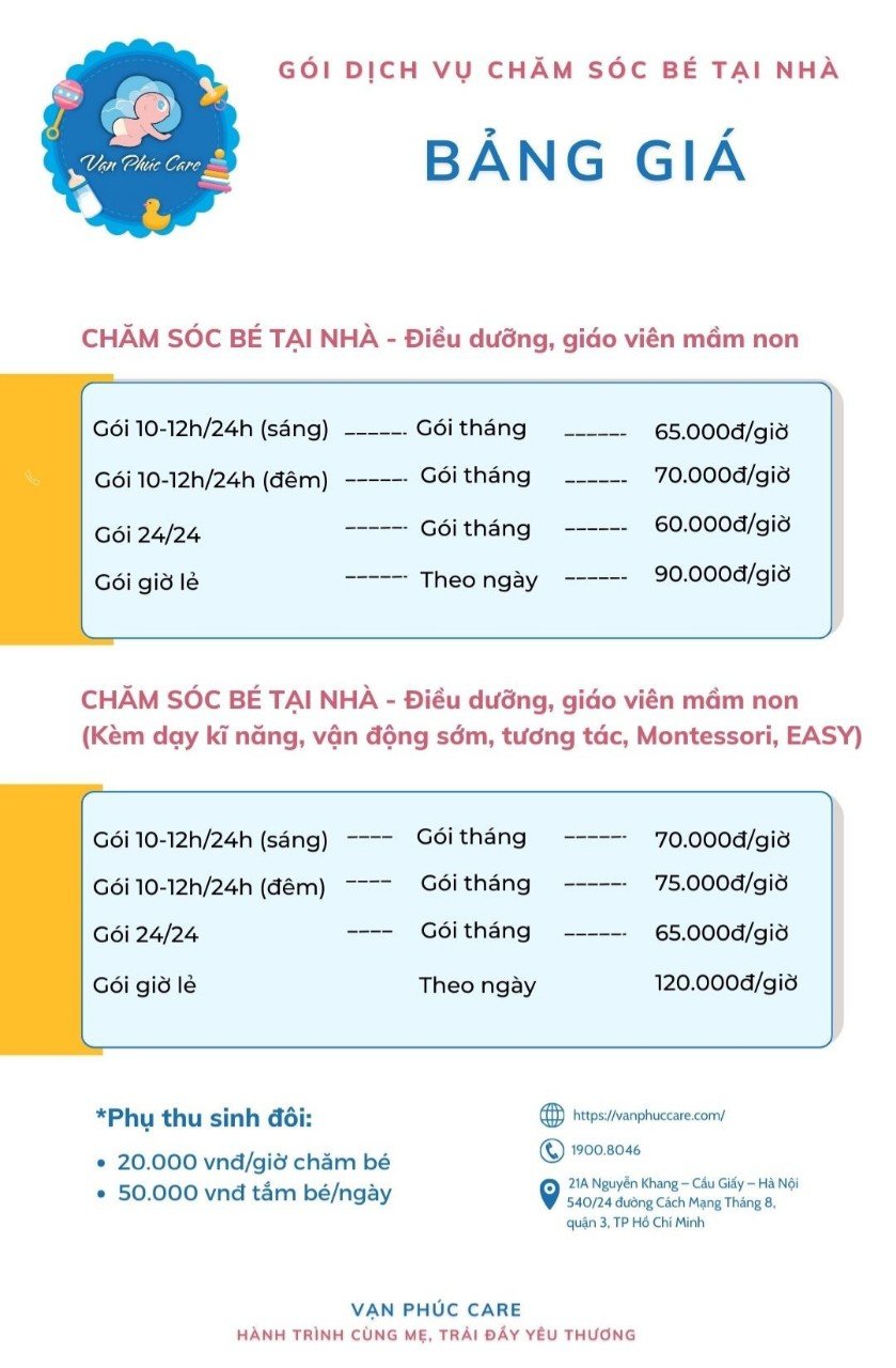 Bảng giá dịch vụ chăm sóc bé tại nhà của Vạn Phúc Care.