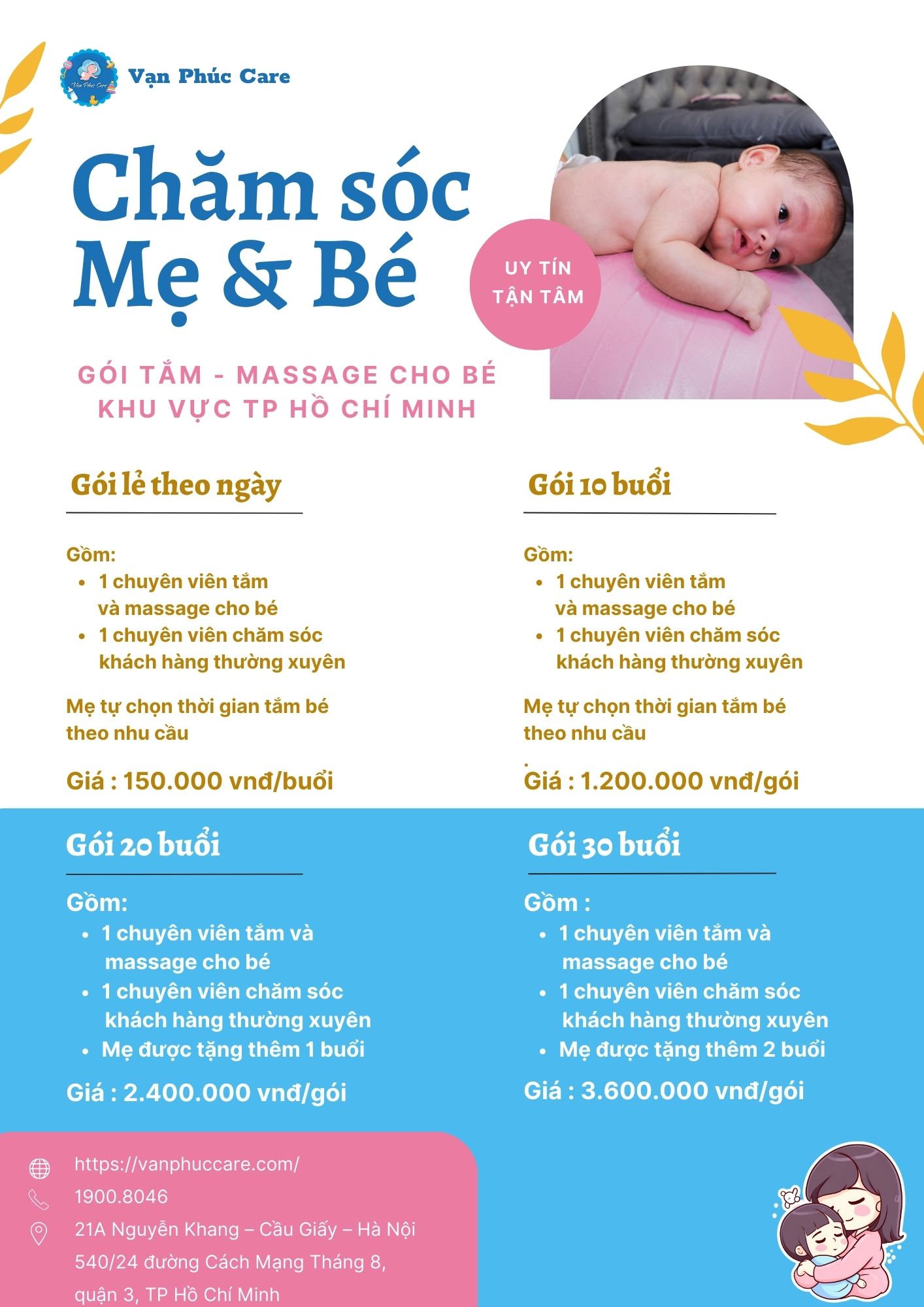 Bảng giá dịch vụ tắm bé tại nhà của Vạn Phúc Care khu vực TP.HCM