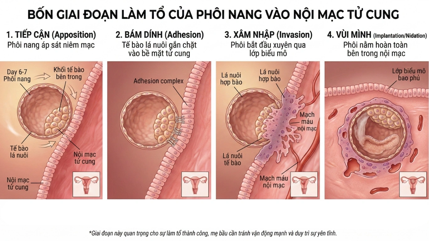 Bốn giai đoạn làm tổ của phôi nang vào nội mạc tử cung