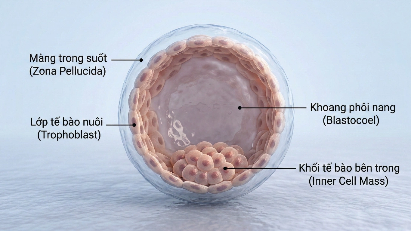 Phôi nang bao gồm mang trong suốt, lớp tế bào nuôi, khối tế bào bên trong và khoang phôi nang.